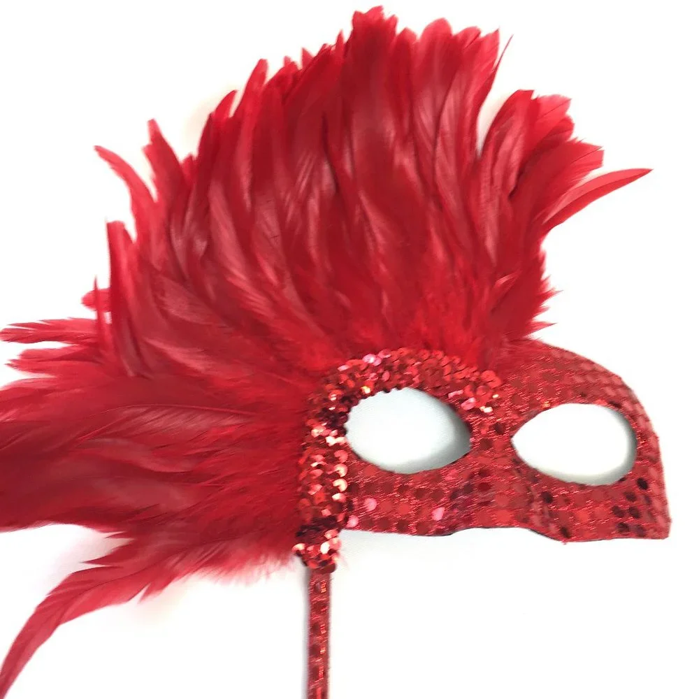 VENETIAN Red Sequin Mask w Red Feathers w/ Handle NWOT NOS